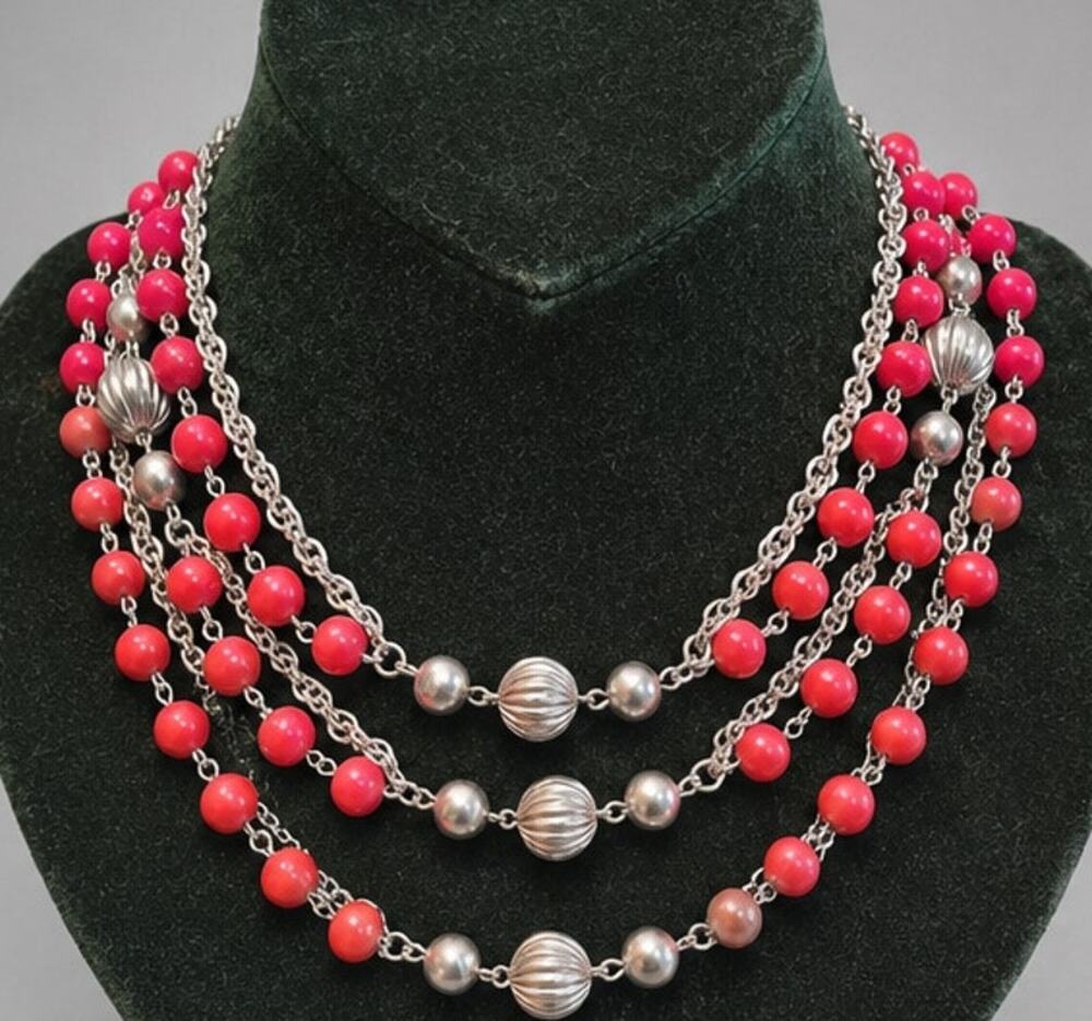 Vintage HTF Kramer NY Glass RED & Silver Beaded Necklace 16" 6 Strands rd-01-11